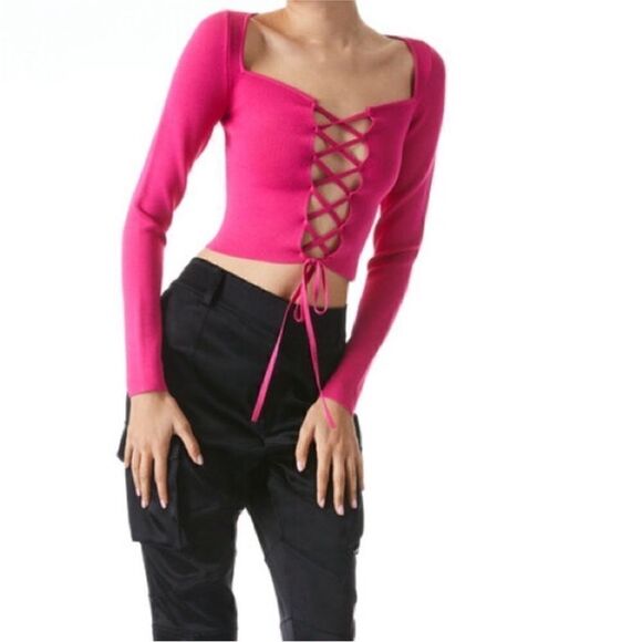 Alice + Olivia NWT Hilaria Lace Front Top in Wild Pink Size Large MSRP $395 - Picture 4 of 6